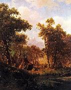 Albert Bierstadt Indian Encampment, Shoshone Village - in a riparian forest, western United States oil on canvas